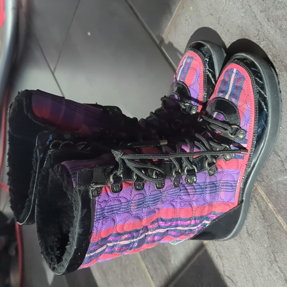 Coach Purple and Pink Quilted Winter Lace-Up Boots